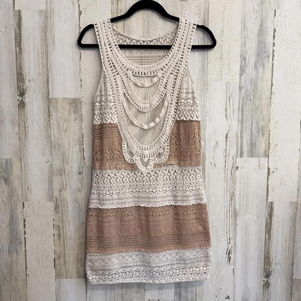 C. Luce Crochet Layered Tank Dress in Cream and Blush